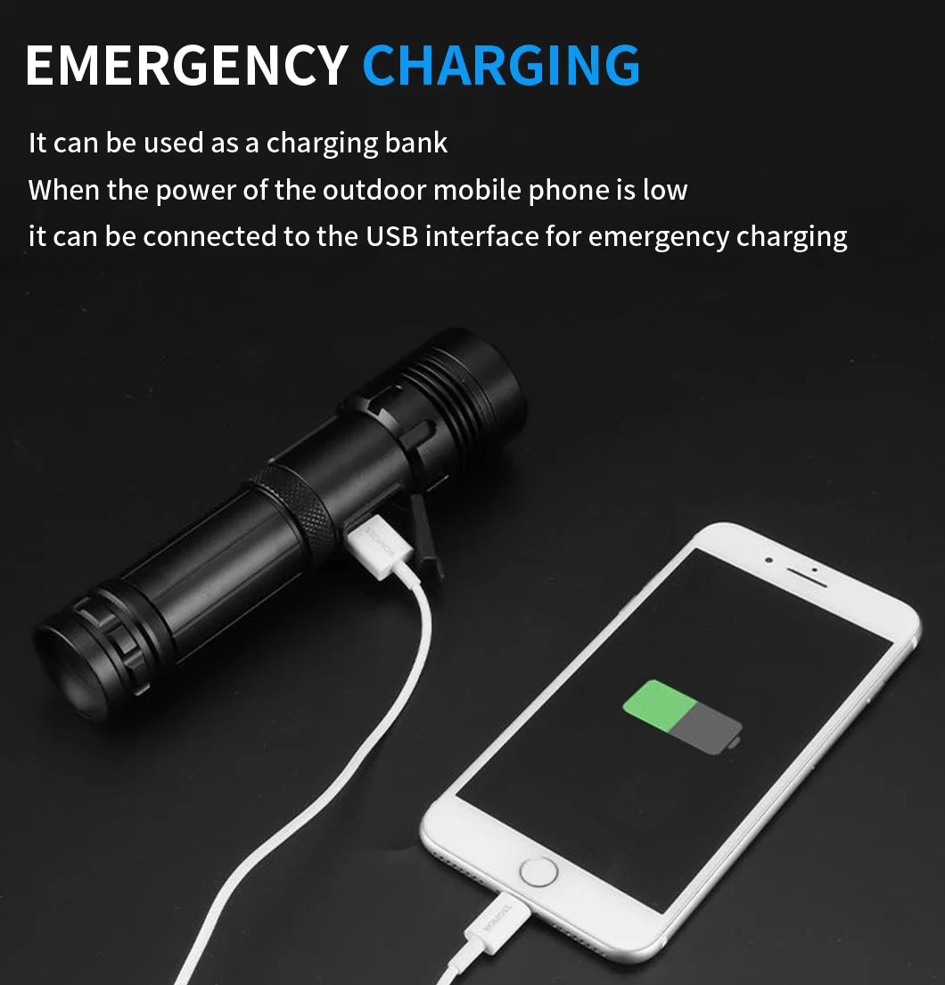 Power Bank Function Telescopic Zoom Type-C USB Charging Strong Bright Flashlight Long Endurance